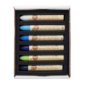 May include: A set of six artist oil pastels in a box. The pastels are in various colors, including white, blue, green, and purple. Each pastel is labeled with the text "PASTEL A L'HUILE ARTIST OIL PASTEL". The box is brown and has a black foam insert.
