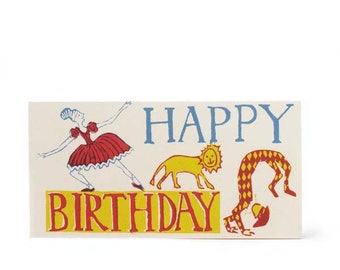 Carte longue joyeux anniversaire ballerine rouge, jaune et bleu