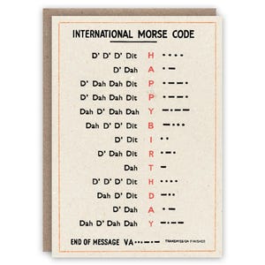 May include: A rectangular greeting card featuring the text INTERNATIONAL MORSE CODE at the top. Below, the phrase HAPPY BIRTHDAY is spelled out in red letters, each accompanied by its corresponding Morse code sequence of dots and dashes.
