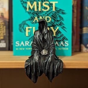 May include: A black figurine of a hooded figure sitting on a shelf with a book titled "A Court of Mist and Fury" by Sarah J. Maas in the background. The figurine is holding a small teacup.