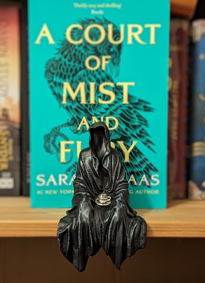 May include: A black figurine of a hooded figure sitting on a shelf with a book titled "A Court of Mist and Fury" by Sarah J. Maas in the background. The figurine is holding a small teacup.