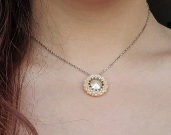 Collier Pendentif Cristal Beige Bronze, acier inoxydable, longueur réglable, idée cadeau