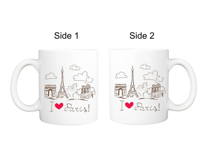 I Love Paris Coffee, Tea mug. Perfect Gift for the Parisian and those that Love Paris. Eiffel Tower Mug. Paris scene Coffee mug.
