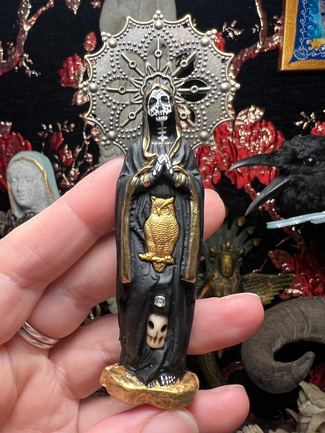 Black Santa Muerte bracelet- wood background main image 1