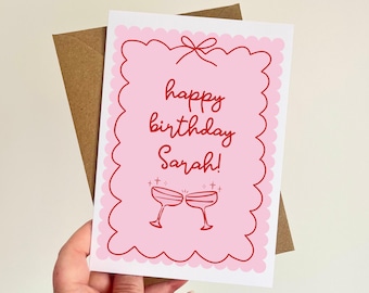 Personalised Happy Birthday Card, Customised Name Pink Cocktails Card for Her, Friend, Sister
