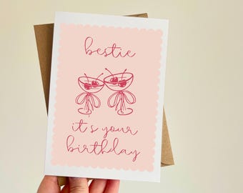 Bestie Birthday Card, Pink Cocktails, Close Friend Greetings, Handmade UK