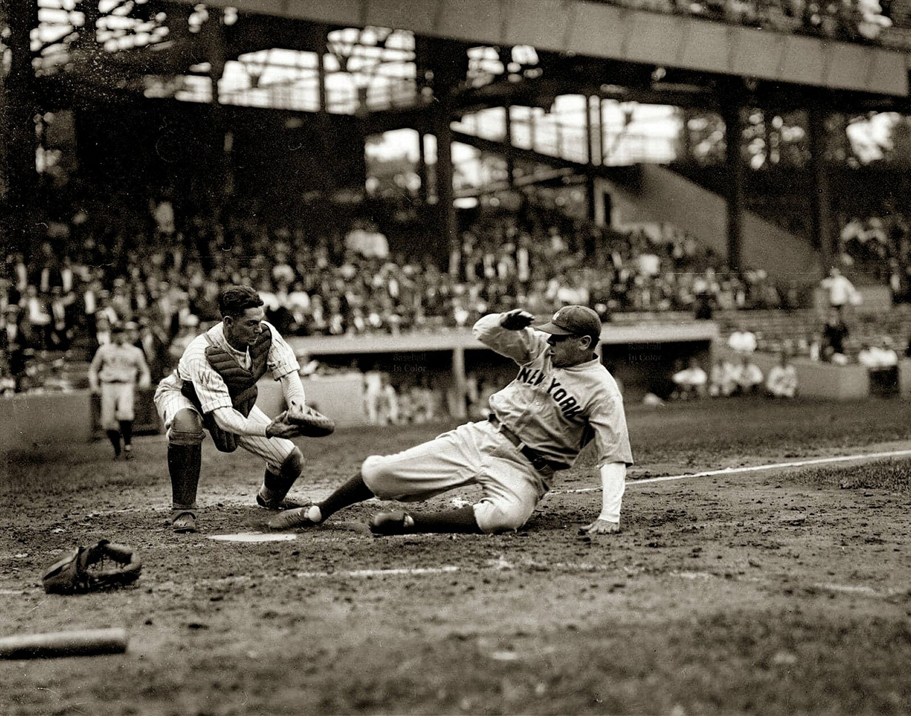 1925 New York Yankees BABE RUTH Slides Under Tag at Griffith Stadium PHOTO