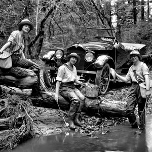 1919 YOUNG GIRLS Fly Fishing Next to STUDEBAKER Photo