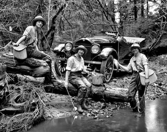 1919 YOUNG GIRLS Fly Fishing Next to STUDEBAKER Photo