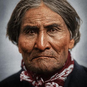 May include: A close-up portrait of an older man with long gray hair. He has a weathered face with deep wrinkles and brown eyes. He is wearing a dark jacket and a red and white bandana around his neck.