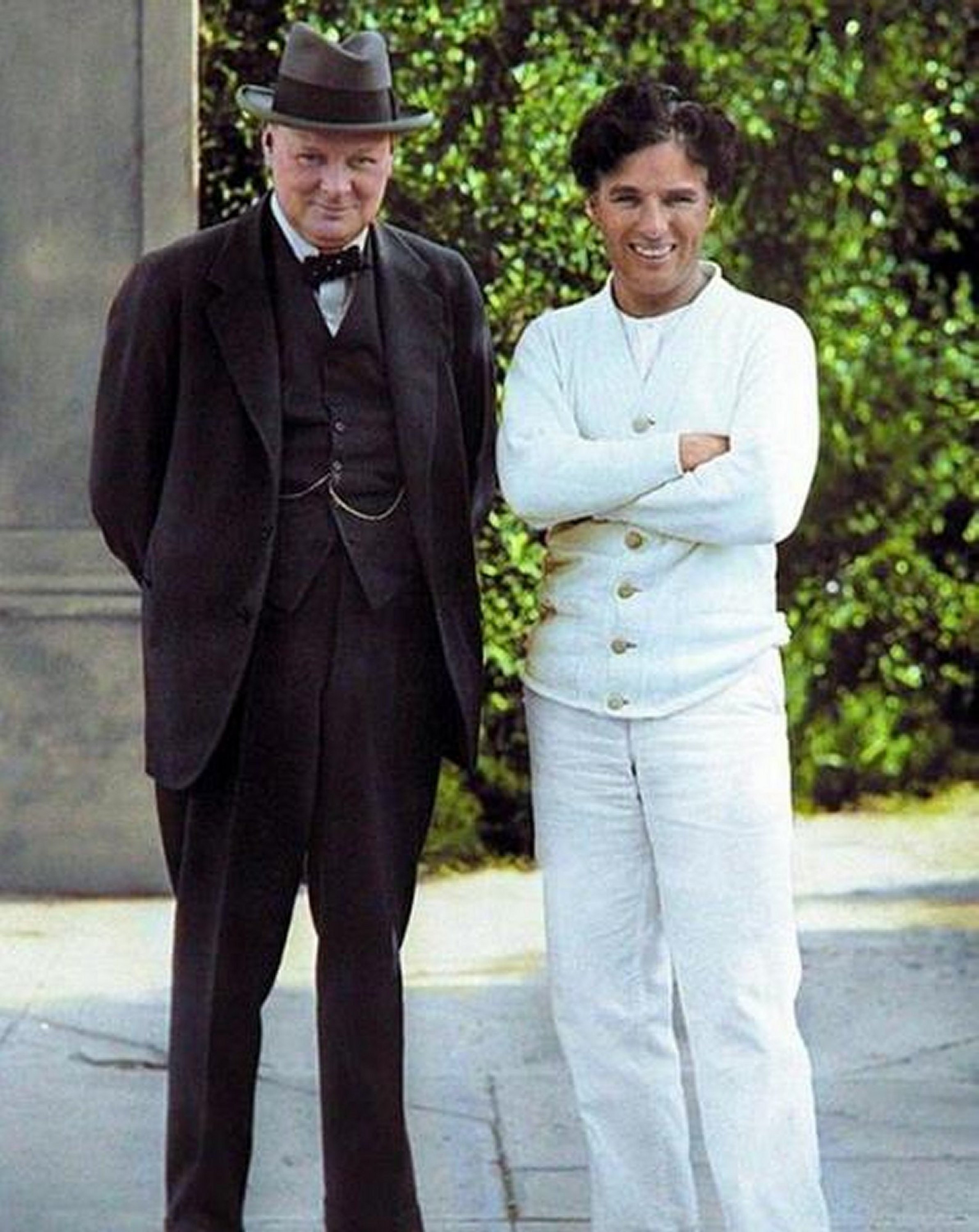 1929 WINSTON CHURCHILL & Charlie Chaplin COLORIZED Photo