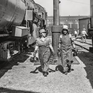 May include: Two women in overalls and hats stand in front of a train, each holding a metal container. The women are working on the train tracks.