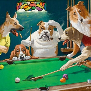 DOGS PLAYING POOL Digital Download
