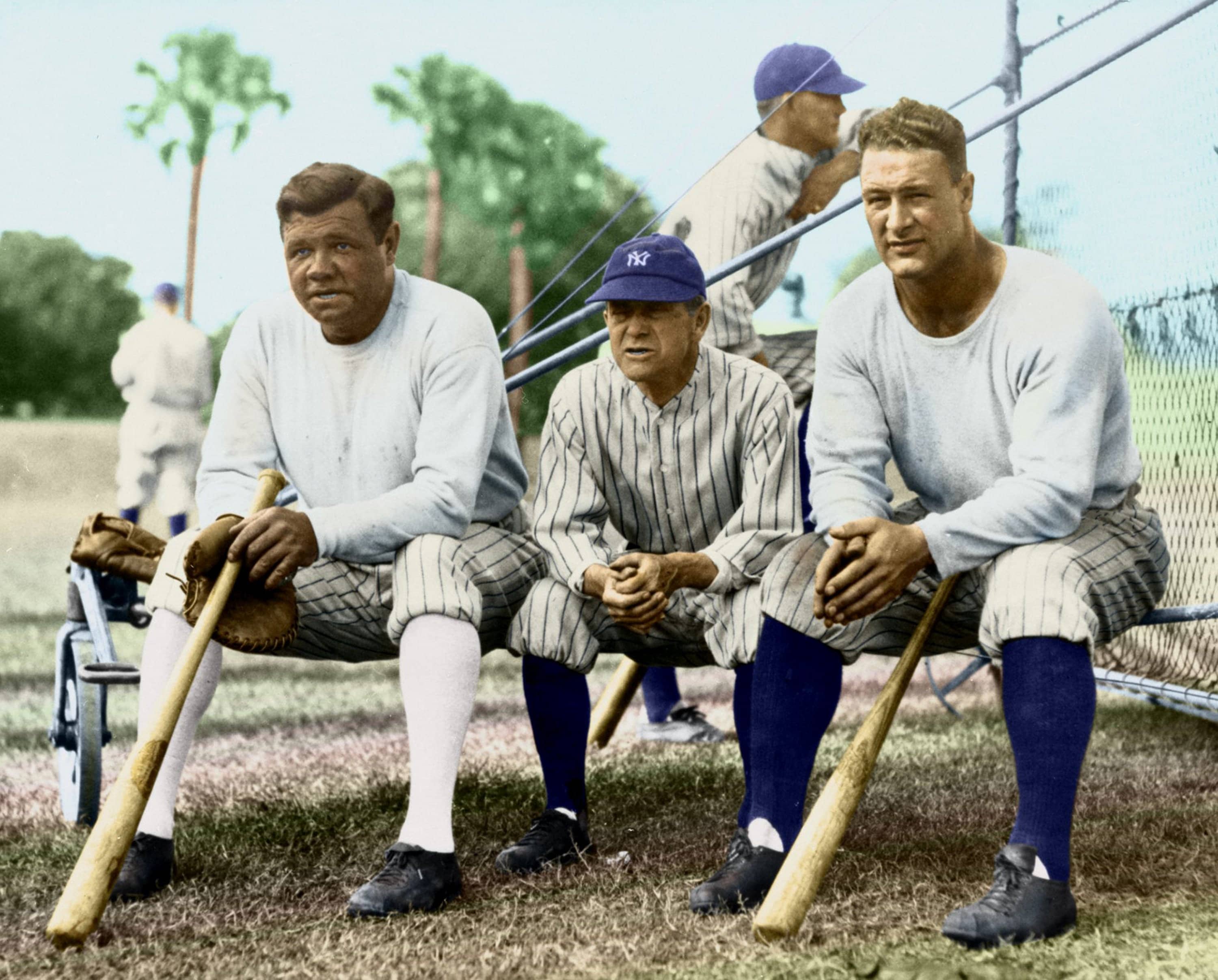 1920s Babe Ruth Miller Huggins & Lou Gehrig Color Tinted NEW YORK YANKEES  Photo