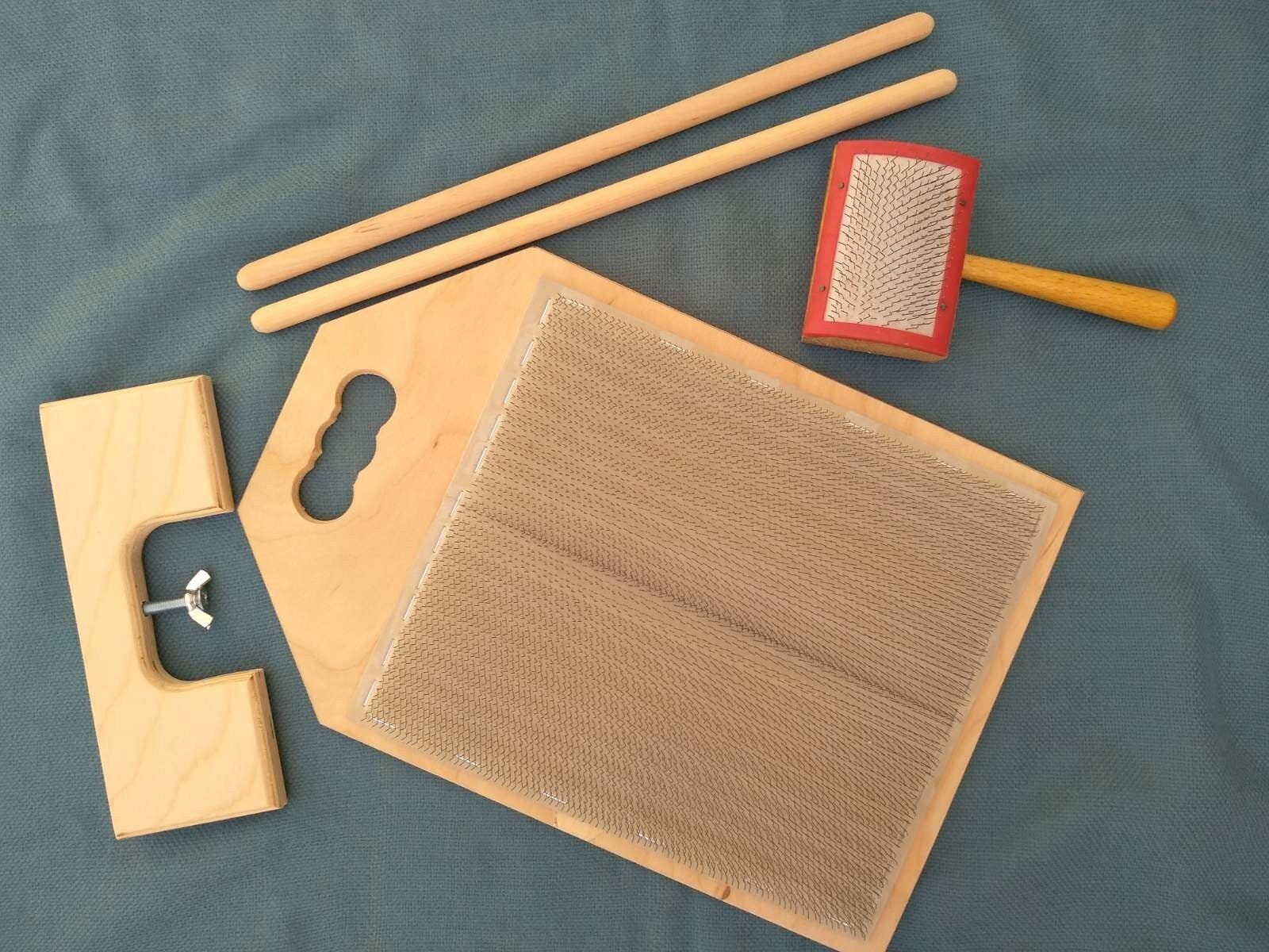 Set: Wooden Drum Carder and Fiber Combing Cardings Blending Board - 72 TPI  ,Wool picker ( M&V )