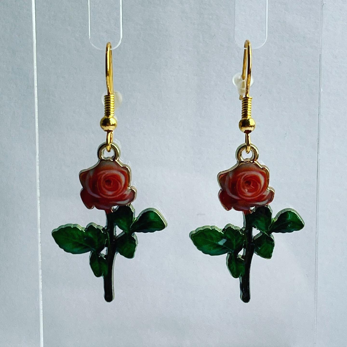 Gold rose charm dangle drop earrings free uk shipping handmade Etsy