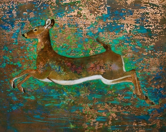 Limited Edition print-“Into the Forest”. From an original painting by Alexandra Brown. Deer, beautiful nature, sparkling light and water.