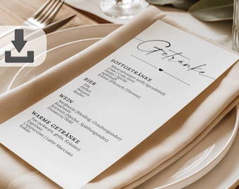 Getränkekarte Hochzeit minimalistisch, Getränke zum Ausdrucken 10,5cmx21 cm, modern, DIY Getränke personalisierbar, Digitale Vorlage