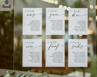 Plano de asientos personalizado para bodas con números y nombres de mesa, disposición de asientos minimalista y moderna, distribución de mesas con selección de asientos, descarga digital.