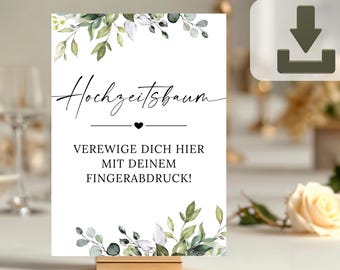 Letrero de boda con huella dactilar, árbol de bodas, libro de firmas, plantilla digital de eucalipto, letreros de boda imprimibles de 13x18 y A4