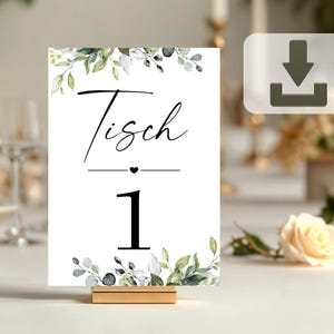 Schild Hochzeit Tischnummern 1-15, Digitale Vorlage, Hochzeitsdeko Eukalyptus, Hochzeitsschild zum Ausdrucken 13x18, 10x15cm und A4 Tische