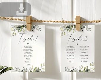 Personalized wedding table number signs with names, digital seating chart template with eucalyptus, seating plan, downloadable in 13x18 and A4 sizes.
