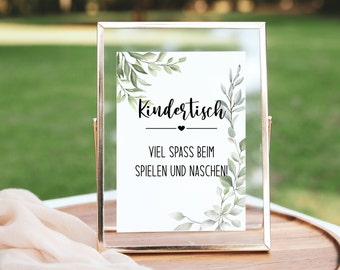 Assine Mesa Infantil de Casamento, Molde Digital, Decoração de Casamento Verdura Eucalipto, para impressão 13x18 e A4, download de cartaz de sinalização