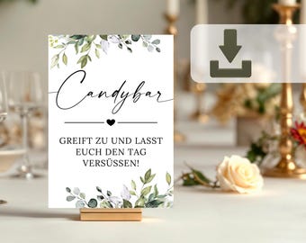 Candy bar, wedding sign botanical eucalyptus, digital template PDF download, wedding signs for printing 13x18 and A4