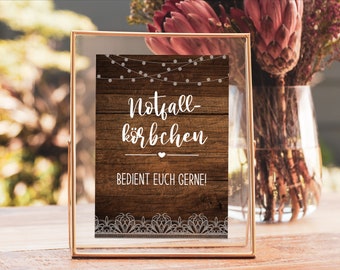 Schild Hochzeit Notfallkörbchen, Digitale Vorlage, Hochzeitsdeko Vintage, rustikal, zum Ausdrucken 13x18 und A4, Hinweisschild Download