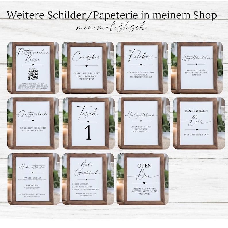 May include: A collection of framed signs with various text, including "Candybar", "Fotobox", and "Open Bar". The signs have a minimalist design with dark brown frames and white backgrounds, suitable for weddings or events.