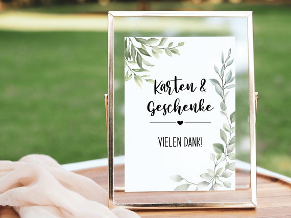 Schild Hochzeit Karten Geschenke, Digitale Vorlage, Hochzeitsdeko Greenery Eukalyptus, zum Ausdrucken 13x18 und A4, Hinweisschild Download