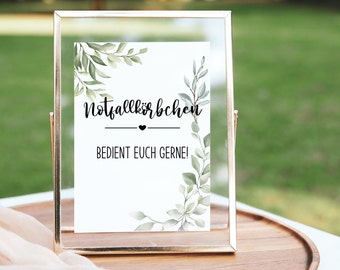 Segno cestino di emergenza per matrimoni, modello digitale, decorazione di nozze verde eucalipto, per la stampa 13x18 e A4, download del cartello informativo
