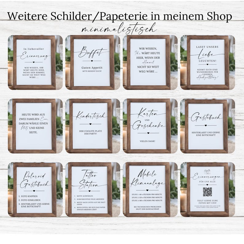 May include: A collection of framed signs with brown wooden frames and white backgrounds. The signs feature black calligraphy text in German, with phrases like "Buffet," "Guestbook," and "Tattoo Station." The signs are arranged in a grid.