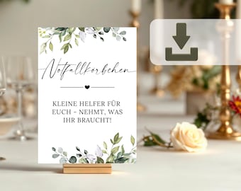 Wedding emergency basket sign, digital template, botanical eucalyptus wedding decoration, wedding signs little helpers, to print