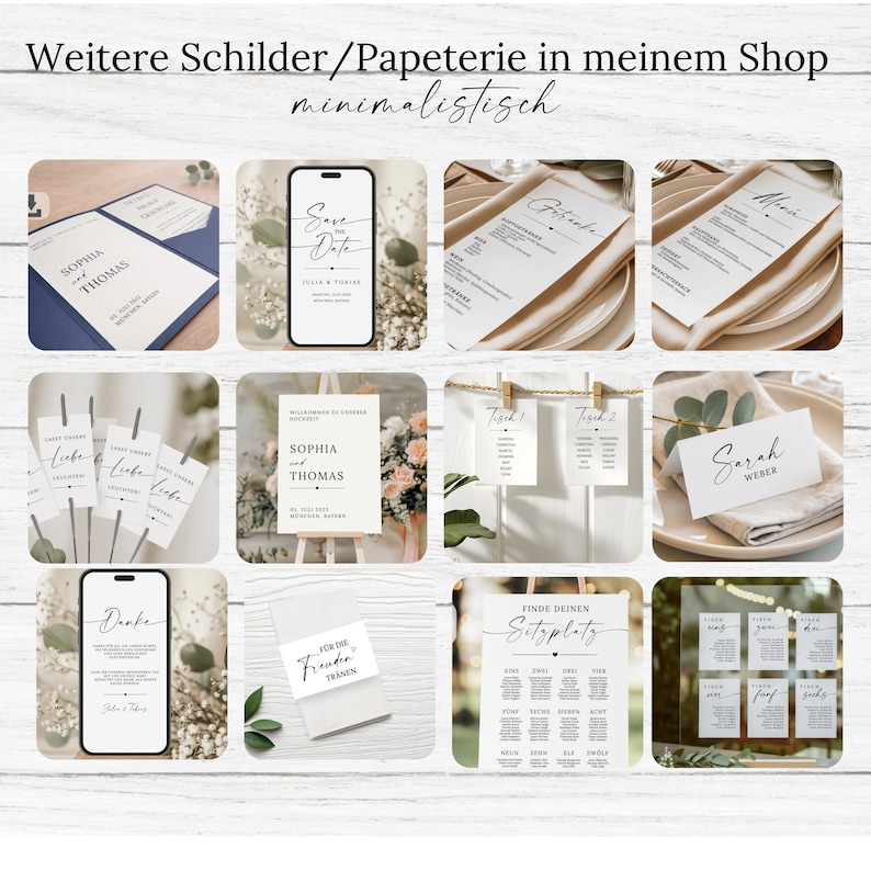 May include: A collection of minimalist wedding stationery, including invitations, save-the-date cards, menus, place cards, and seating charts. The designs feature elegant calligraphy and a clean, modern aesthetic, with a neutral color palette.