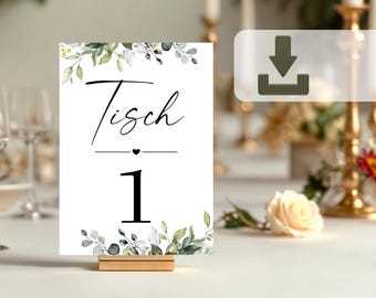 Wedding sign table numbers 1-15, digital template, wedding decoration botanical eucalyptus, wedding sign to print 13x18 and A4 tables