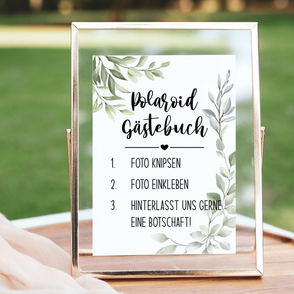 Schild Hochzeit Polaroid Gästebuch, Digitale Vorlage, Hochzeitsdeko Greenery Eukalyptus, zum Ausdrucken 13x18 und A4, Hinweisschild Download