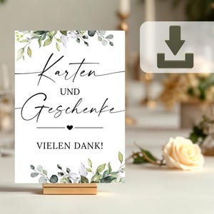 Schild Hochzeit Karten und Geschenke, Hochzeitsschilder zum Ausdrucken 13x18 und A4, Geschenketisch, Digitale Vorlage botanisch Eukalyptus