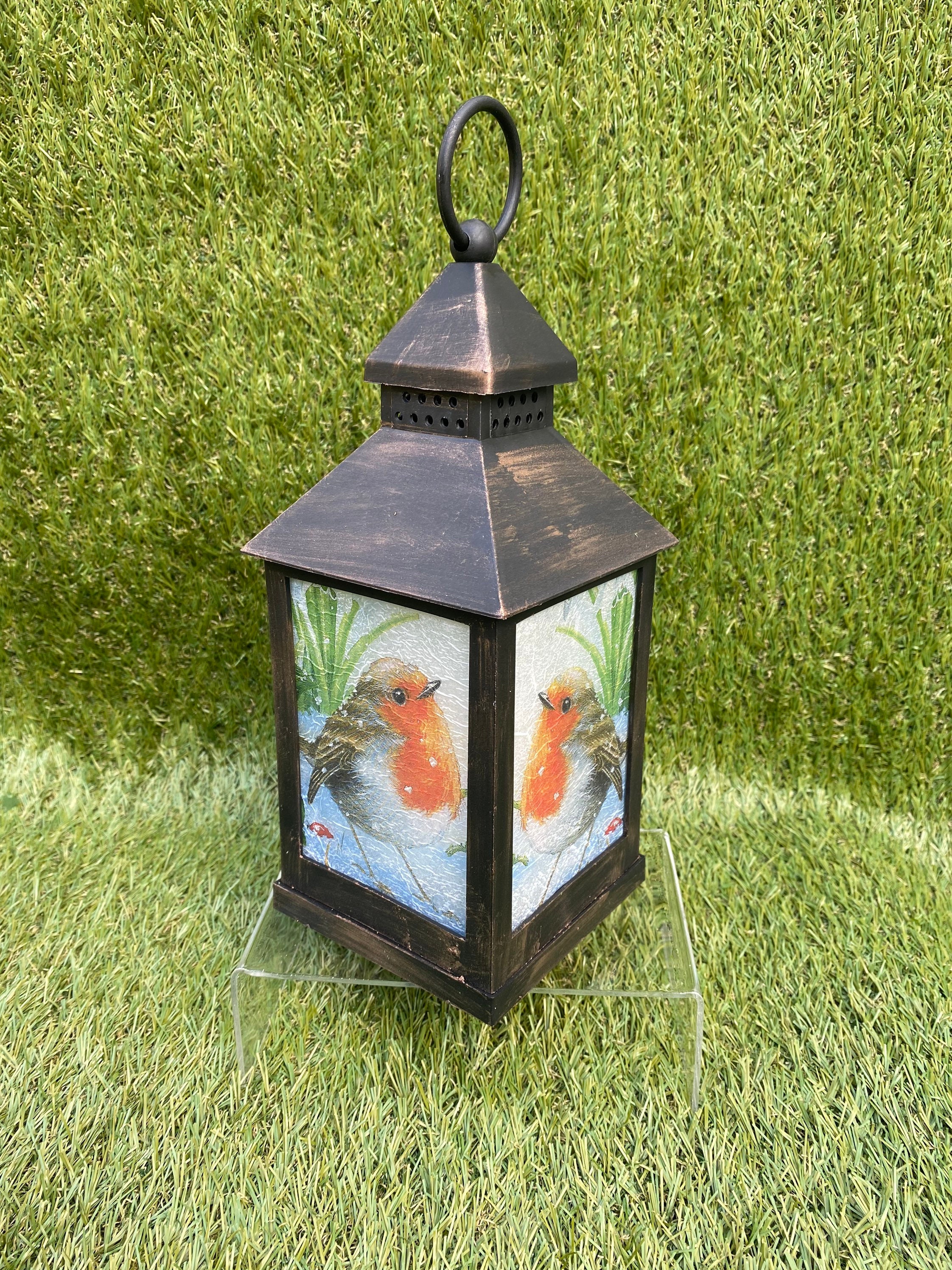 Robin lantern, led battery operated, decoupaged lantern, Christmas gift , Christmas lantern