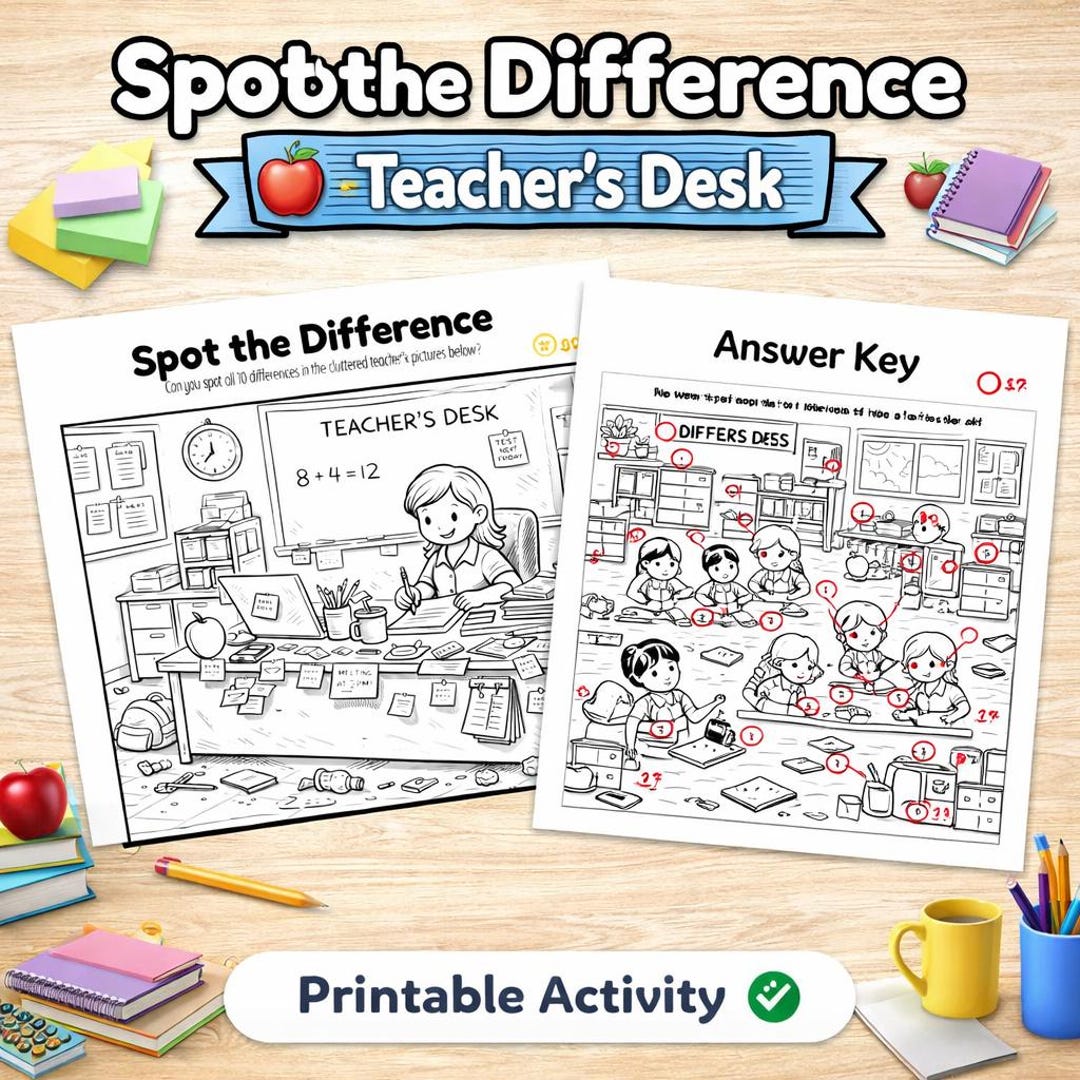 Teacher’s Desk Spot the Difference Printable | Find the 10 Differences ...