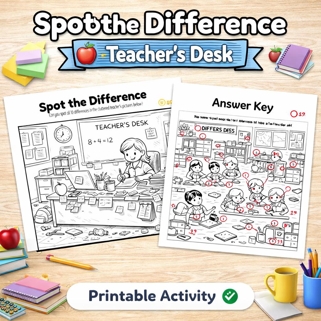 Teacher’s Desk Spot the Difference Printable | Find the 10 Differences ...