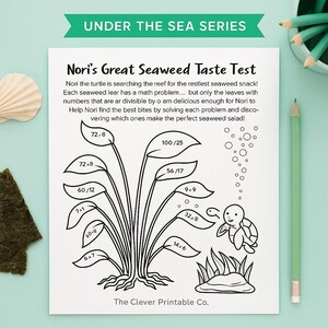Può includere: Un foglio di lavoro stampabile in bianco e nero intitolato "Nori's Great Seaweed Taste Test" con una tartaruga dei cartoni animati e alghe con problemi di matematica. Il foglio di lavoro fa parte della "Under the Sea Series".