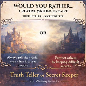 May include: A creative writing prompt card with the text "WOULD YOU RATHER..." and "TRUTH TELLER or SECRET KEEPER". The card features illustrations of castles and the phrases "Always tell the truth" and "Protect others by keeping difficult secrets".