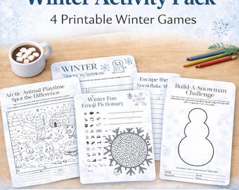 Paquete de actividades imprimibles de invierno: juegos, rompecabezas y desafíos de nieve para niños