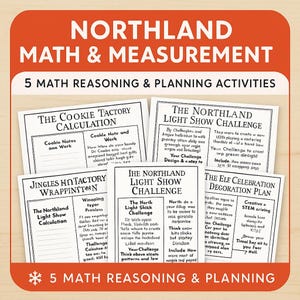 May include: A collection of five educational activity sheets for math and measurement, labelled "Northland Math & Measurement." Titles include "The Cookie Tactory Calculation" and "The Northland Light Show Challenge."