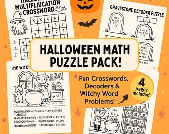Halloween Math Puzzle Pack: STEM Activities, Multiplication, Fractions (Printable PNG Worksheets)
