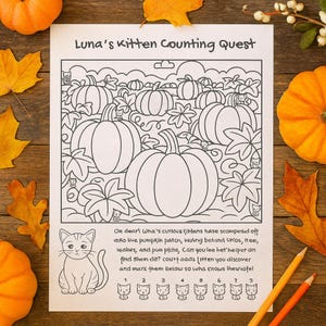 May include: A black and white colouring page titled "Luna's Kitten Counting Quest" featuring pumpkins and kittens. The page includes text and a counting activity. Two orange pencils and pumpkins surround the page.