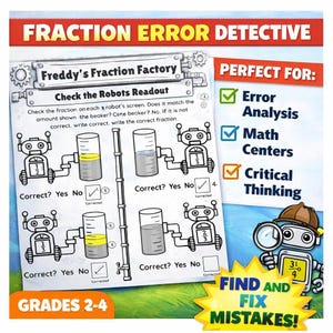 May include: A colourful educational worksheet titled "Fraction Error Detective" with the text "Freddy's Fraction Factory." The worksheet features robot illustrations and fraction problems. The text "Grades 2-4" is also visible. The image also includes the text "Find and Fix Mistakes!"