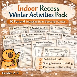 May include: An "Indoor Recess Winter Activities Pack" with 10 puzzles for grades 2-5. The image features a cartoon bear holding a pencil, with text that reads "Builds logic skills, Strengthens math thinking, Promotes creative writing."