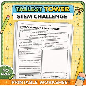 Op de afbeelding: Een afdrukbaar STEM-werkblad met de titel "Tallest Tower" met een groene potlood, gum en liniaal. Het werkblad bevat secties voor planning, voorspellingen en resultaten. De tekst zegt "No Prep" en "Printable Worksheet".